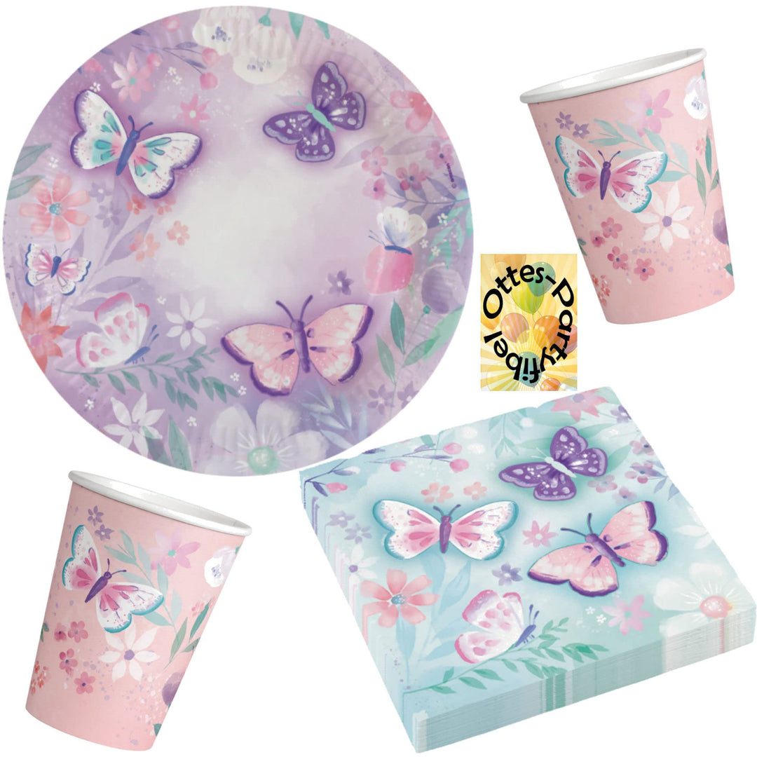 HHO Schmetterling-Flutter-Party-Set 48tlg. für 16 Gäste 16 Teller 16 Becher 16 Servietten Für 16 Gäs
