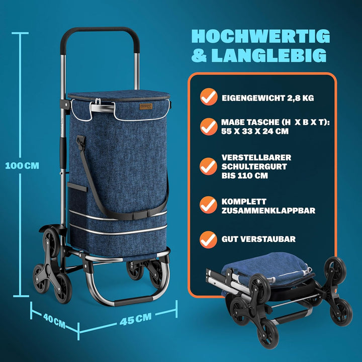 MONZANA® 2in1 Einkaufstrolley 38 L Klappbar Abnehmbare Tasche 6 Rollen Tragegurt Treppensteiger Eink