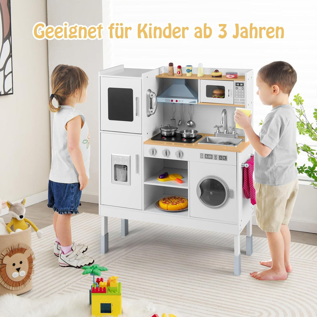 COSTWAY Kinderküche Holz, Spielküche mit Licht und Sound, Holzküche mit Tafel, Mikrowell, Spüle, Ofe