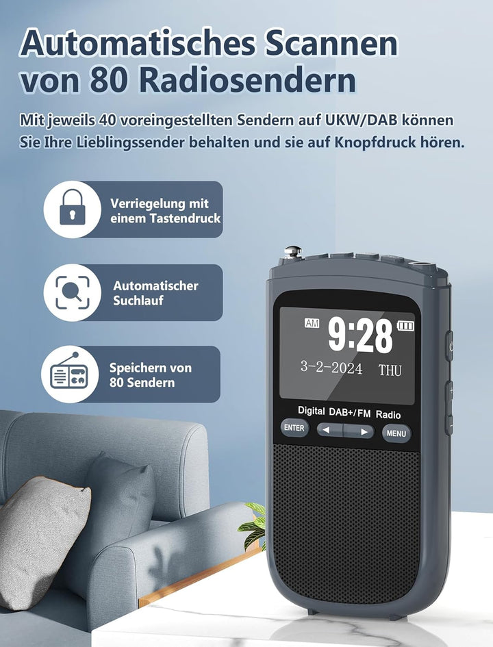 Tragbares DAB-Radio, 1000mAh Wiederaufladbares DAB/DAB + / FM-Radio, Digitales Walkman-Radio, Tasche