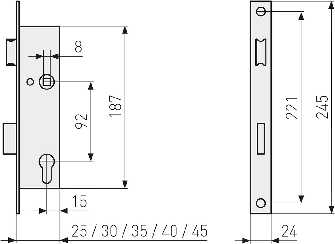 ABUS - Einsteckschloss für Rohrrahmentür ESR PZ LR Z 45 92 24-61753, Silber 45mm, 45mm