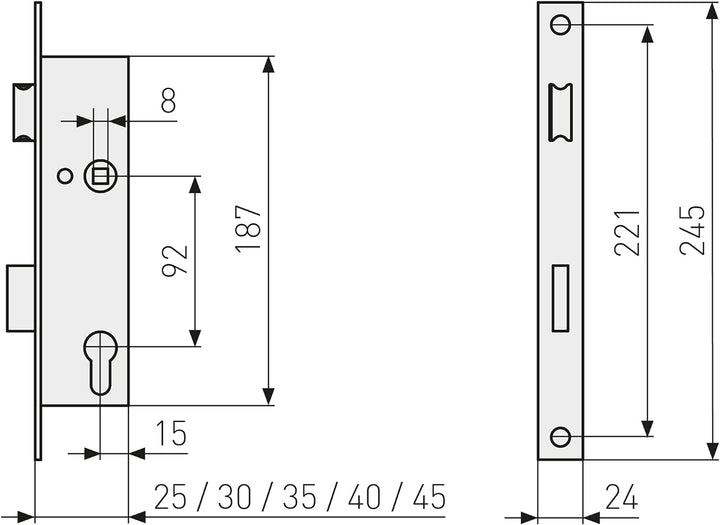 ABUS - Einsteckschloss für Rohrrahmentür ESR PZ LR Z 45 92 24-61753, Silber 45mm, 45mm