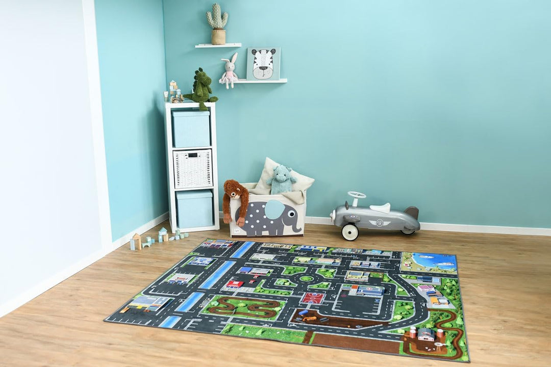Kinder Spielteppich Strasse & Auto (200x160 cm) - abwaschbar, rutschfest &-zertifziert - Teppich Jun