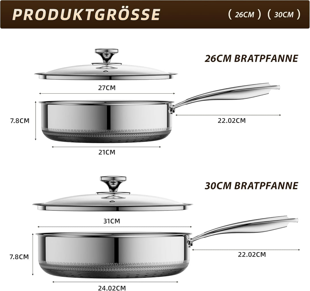 Tiefe Bratpfanne mit Deckel 26cm, Edelstahlpfanne Hybrid, Kühl bleibender Griff, Spülmaschinenfest,