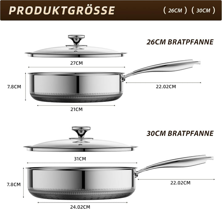 Tiefe Bratpfanne mit Deckel 26cm, Edelstahlpfanne Hybrid, Kühl bleibender Griff, Spülmaschinenfest,