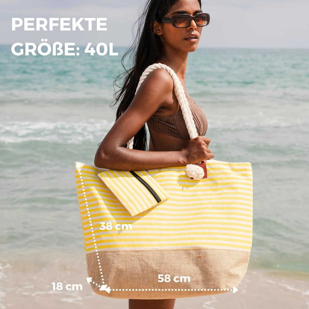 Strandtasche XL - mit Reissverschluss & 2x Innentaschen (für nasse Badekleidung & Wertsachen) bequem