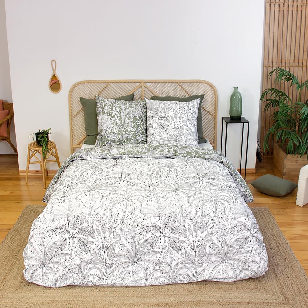 CÔTE DECO Bettwäsche, 220 x 240 cm, geometrisch und Blumen grün – 3-teilig | 1 Bettbezug für Erwachs