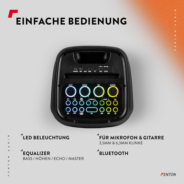 Fenton Core160 Musikbox Bluetooth Gross 240W, Akku 12 Std, Karaoke Mikrofon, BT 5.3, Fernbedienung,