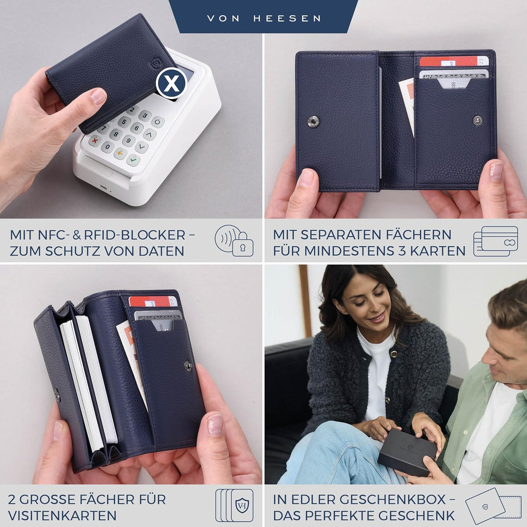 VON HEESEN® Visitenkartenetui Leder mit RFID-Schutz - Platz für 50 Visitenkarten - 6 Fächer - Visite