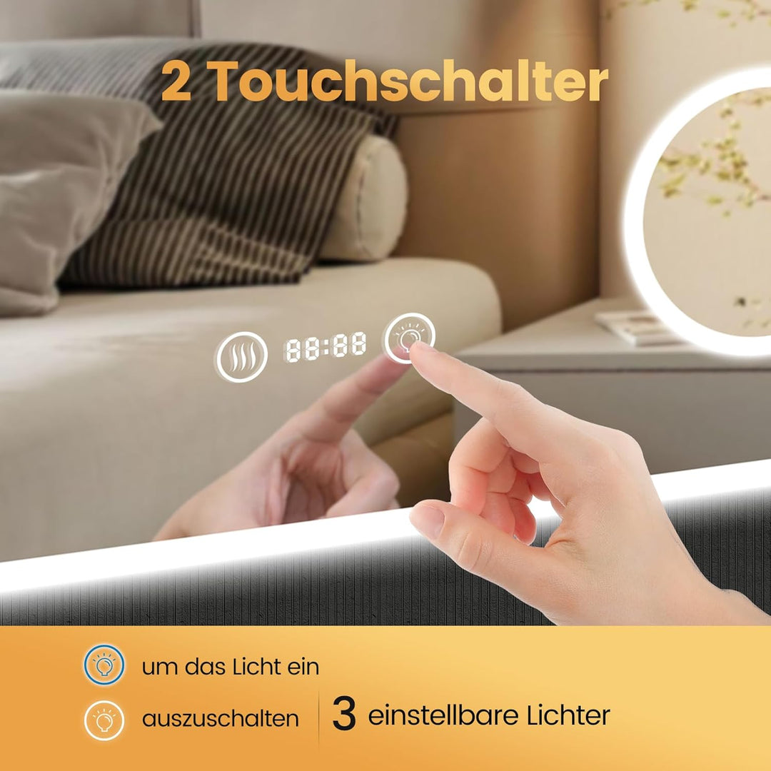 YOLEO Badspiegel mit Beleuchtung, LED Spiegel mit Uhr, Temperatur, 3-Fach Vergrösserung, Wandspiegel