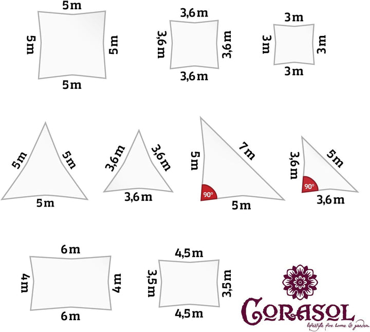 Corasol COR10SQ36-WH Premium Sonnensegel 3,6 x 3,6 m, quadratisch, weiss