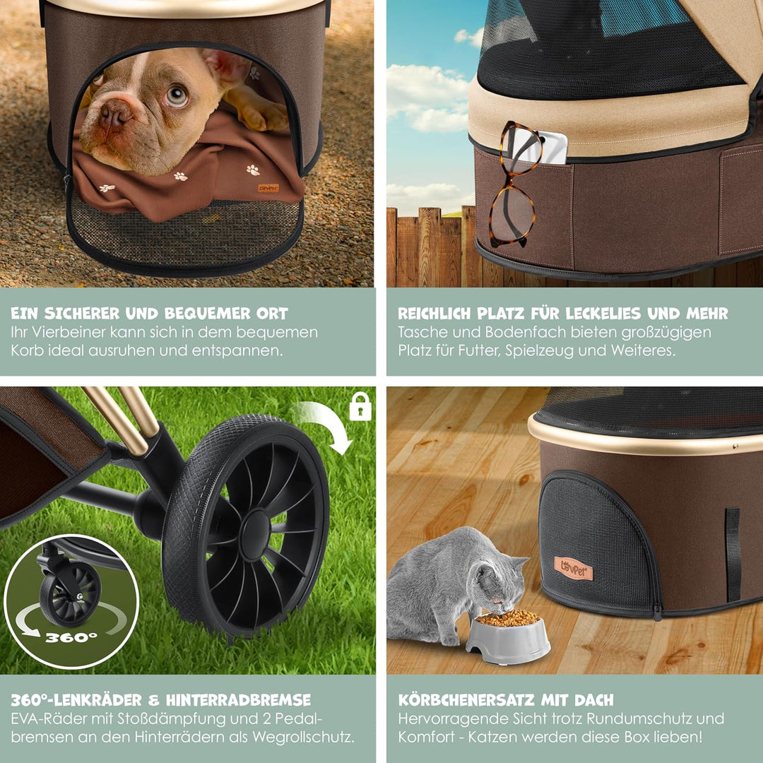LOVPET® Hundewagen 3in1 Hundebuggy Hundebox Transporttasche 360° Grosse Räder Faltbar klappbar Haust