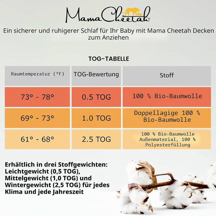 Baby Schlafsack 1.0 TOG, Bio-Baumwolle, Tragbare Babydecke, Schlafsack mit 2-Wege-Reissverschluss, G