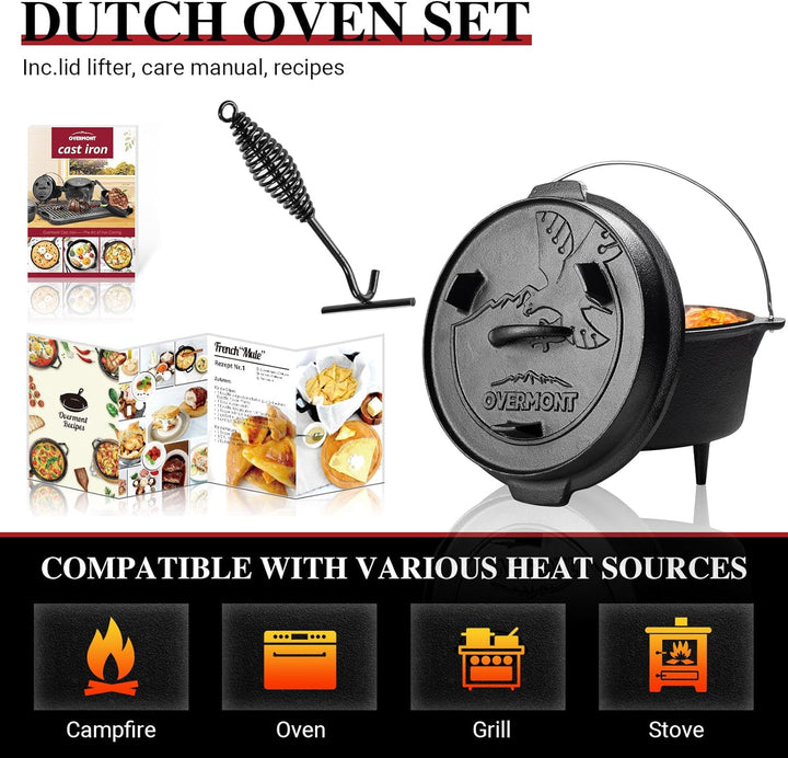 OVERMONT Dutch Oven Feuertopf Eingebrannter Gusseisen Kochtopf mit Füssen Doppelfunktion Deckel Deck