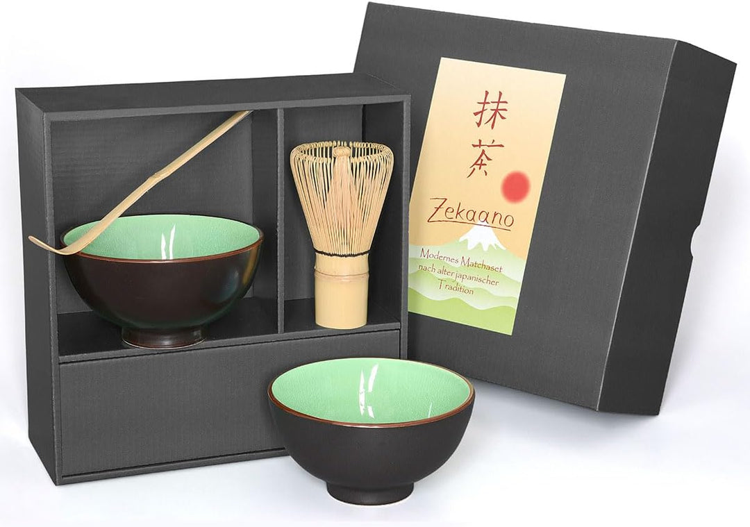 Matcha-Set 4-teilig, moosgrün, bestehend aus 2 Matcha-Schalen, Matcha-Löffel und Matcha-Besen (Bambu