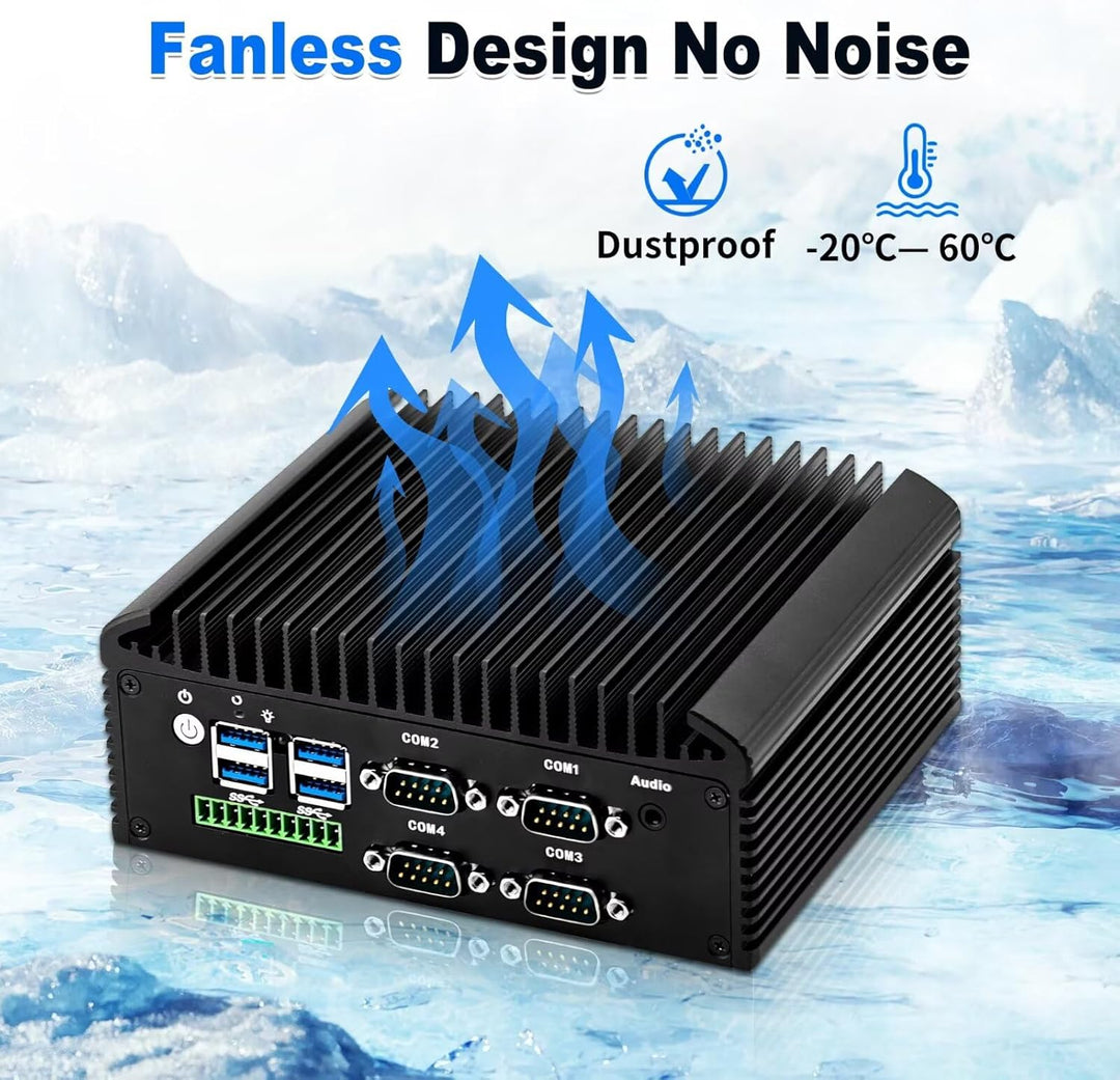 Fanless Mini PC N150 (N100 Upgrade), DDR4 8GB RAM 128GB NVMe SSD, 2 LAN 4 COM Lüfterlos Industrie PC