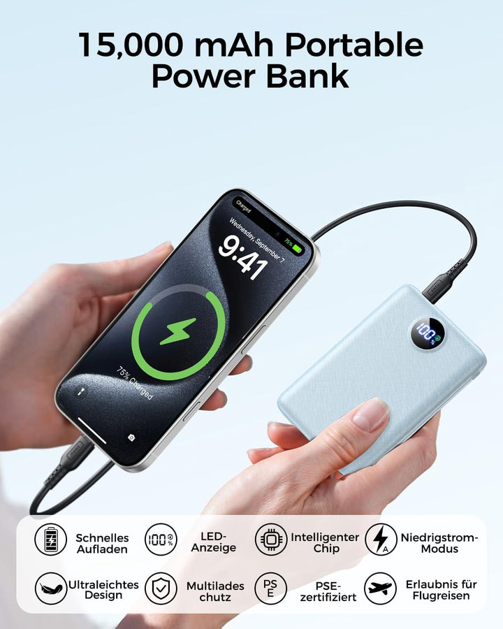 Power Bank, 22.5W Mini PowerBank 15000mAh (USB-C EIN- &amp; Ausgang), PD 3.0 QC 3.0 Externer Handyakku m