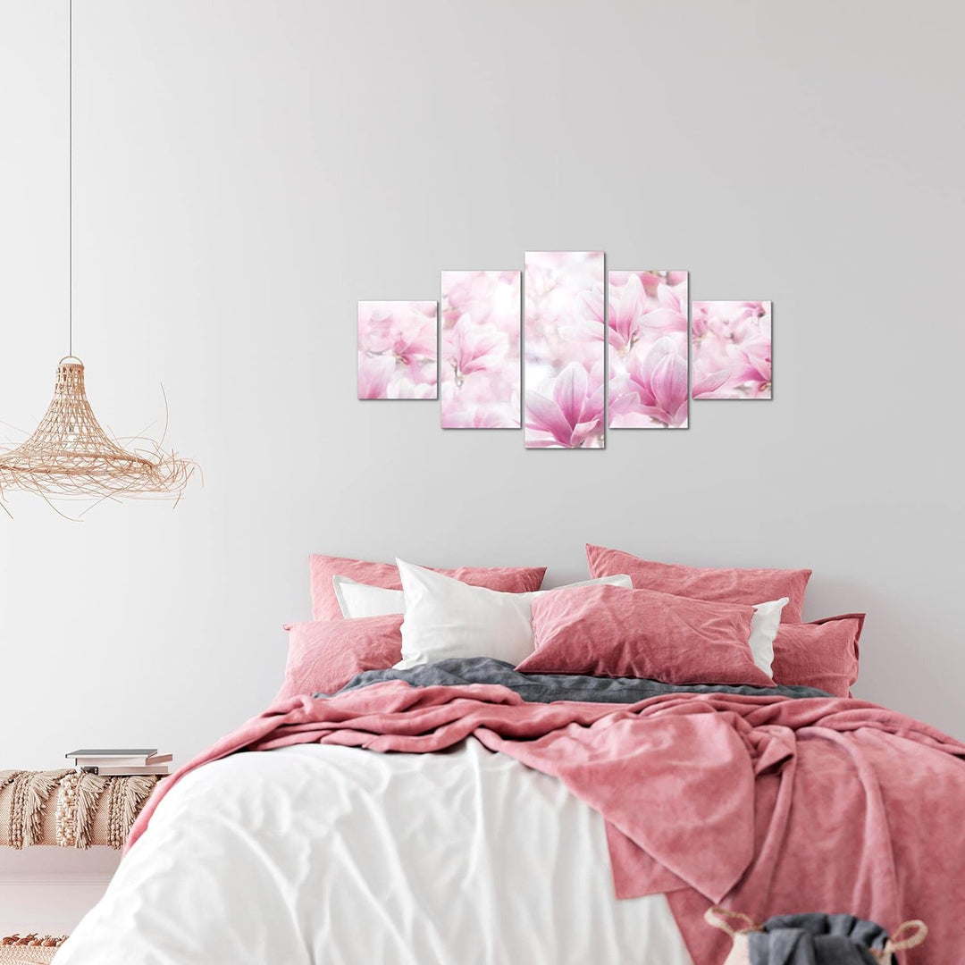 Runa Art Wandbilder Blumen Magnolien 5 Teilig Bild auf Vlies Leinwand Deko Wohnzimmer Blumenmotiv Ro