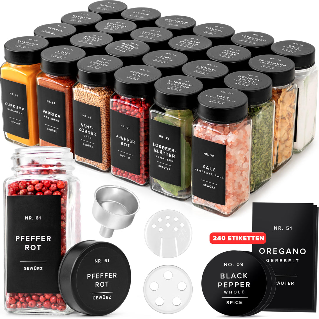 EDELHAUS Gewürzgläser Eckig Set mit Edelstahl Deckel Schwarz (24 x 120ml) Gewürzstreuer mit Streuein