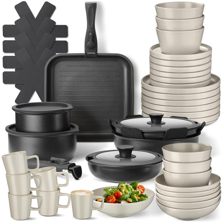tectake® 47-tlg. Küchenstarterset, Steingut Geschirrset 6 Personen, Tassen, Teller Set, 2x Kochtopf,