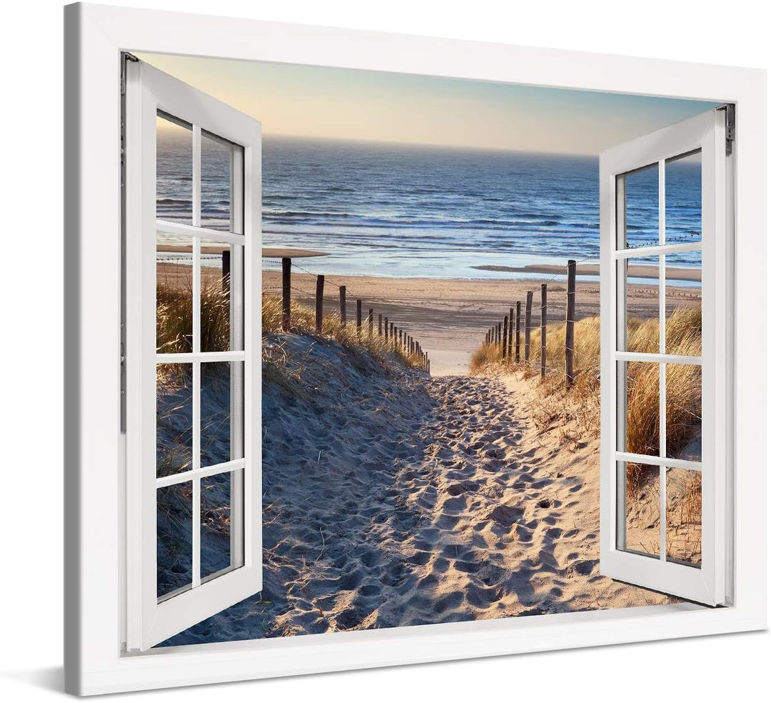 PICANOVA – Bild auf Leinwand Weg zum Meer Fenster 100x75cm – Leinwandbild – Premium Leinwanddruck –