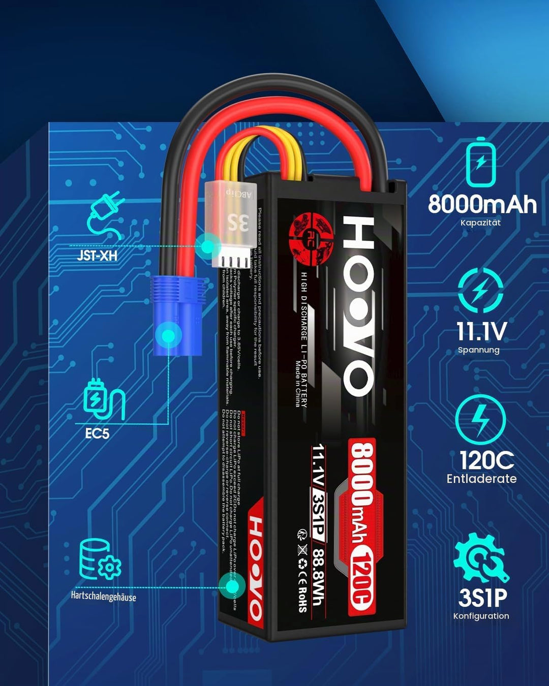 HOOVO 11,1V Lipo Akku 3S 8000mAh 120C HardCase RC Akku Battrien mit EC5 Anschlussstecker für RC Scal