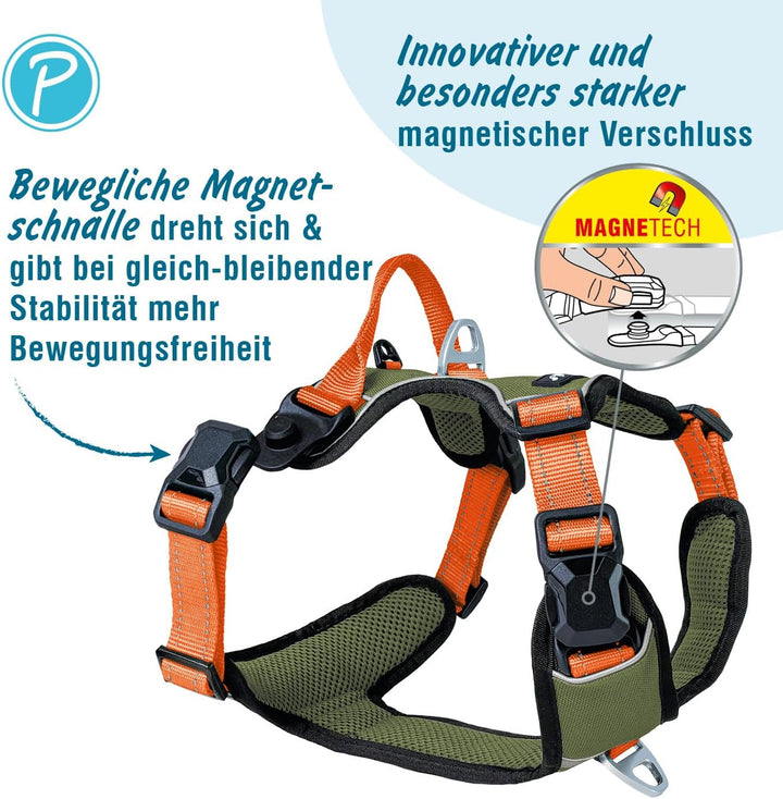Petlando Hundegeschirr Magnetech– Innovative Magnetschnalle, mit Griff, Zwei D-Ringe, reflektierend,