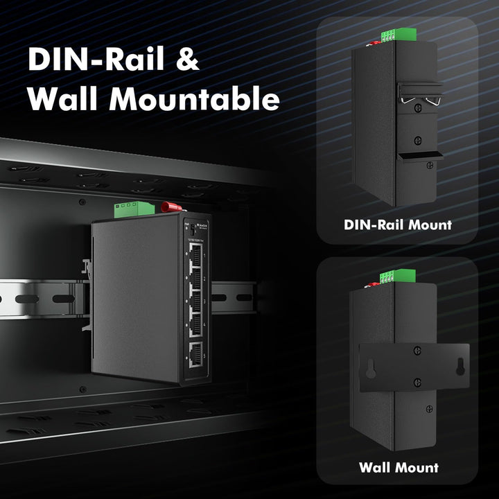 MokerLink 5 Port Industrial Din Rail Gigabit Switch, 4 x 100/1000Mbps Ports, 1 Gigabit Uplink, Mini
