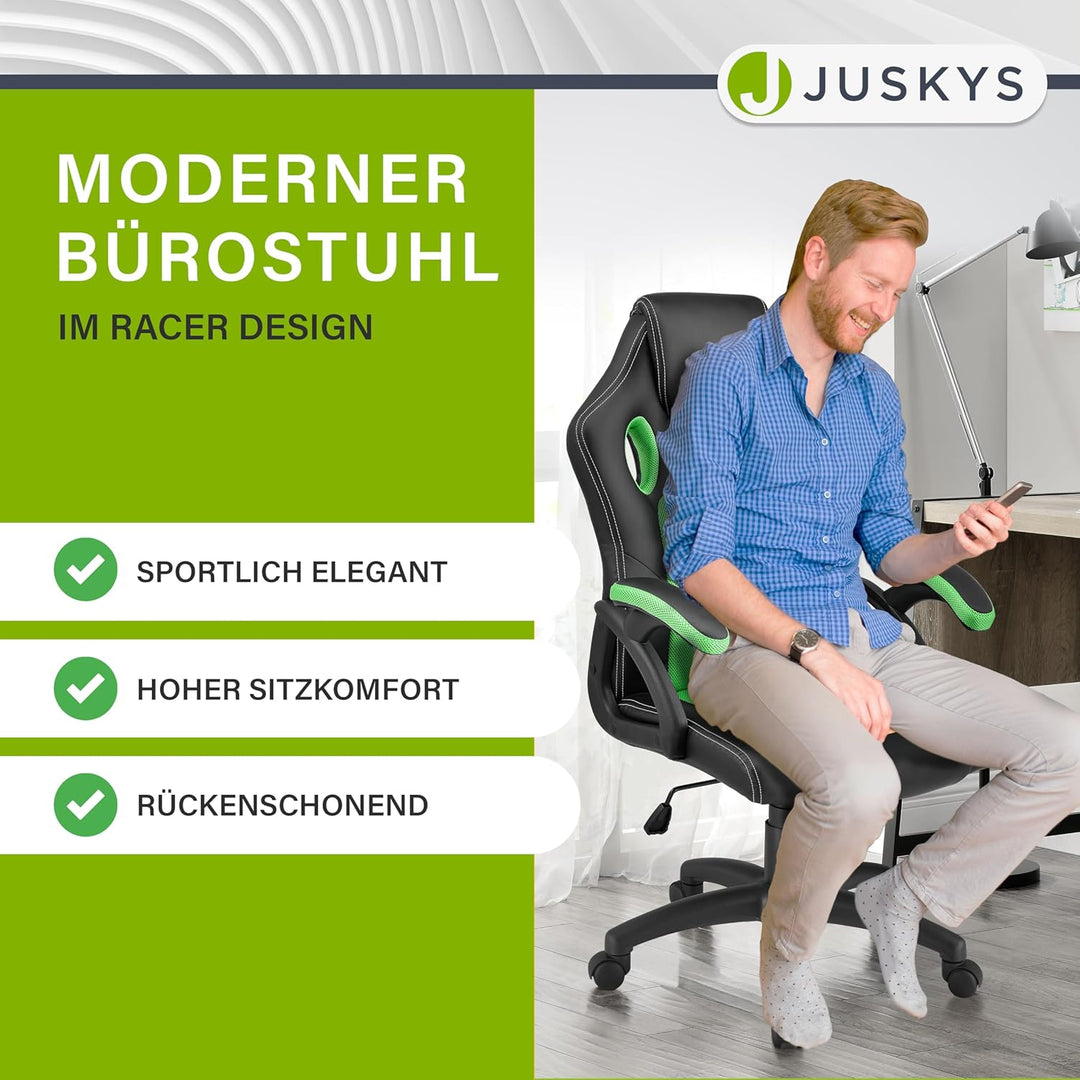 Juskys Racing Schreibtischstuhl Montreal grün | Armlehnen gepolstert & ergonomische Rückenlehne | Bü