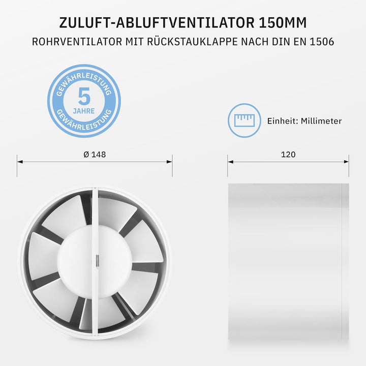 calimaero INLINE Abluftventilator 150mm Rohrventilator mit Rückstauklappe Badlüfter Grow Lüfter 320