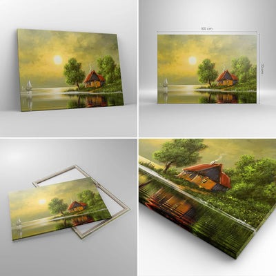 Bilder auf Leinwand 100x70cm Leinwandbild mit Rahmen Boot Wasser Hütte Gross Wanddeko Bild Schlafzim