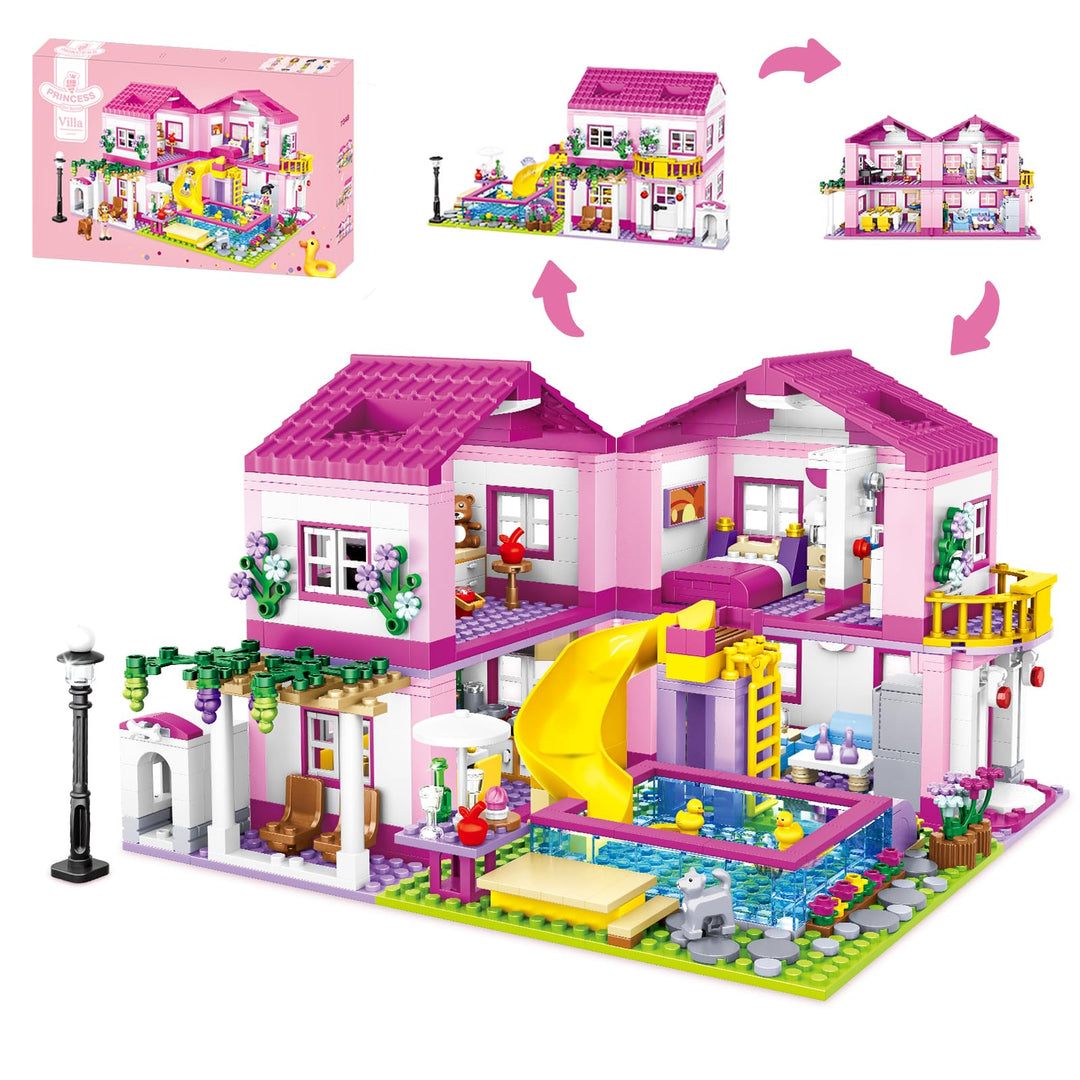 CSNRHG Rosa Sommer Pool Villa Baustein Set Freunde BAU Bildungs 1018 Stück Geschenke Erwachsene Alte
