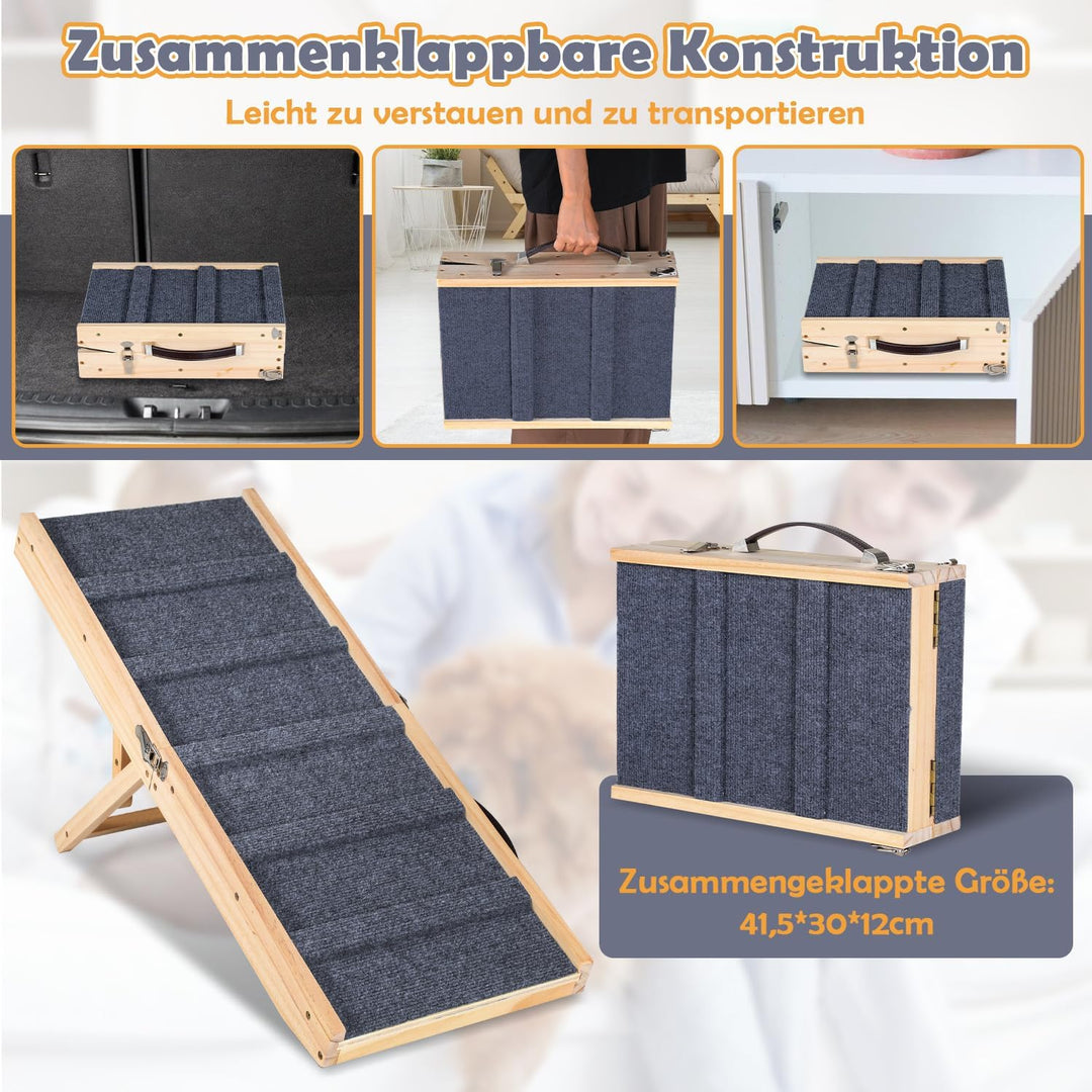 Hunderampe Klappbar Kiefernholz für Kleine, Hunde Haustierrampe mit Rutschfestem Teppich, Vielseitig