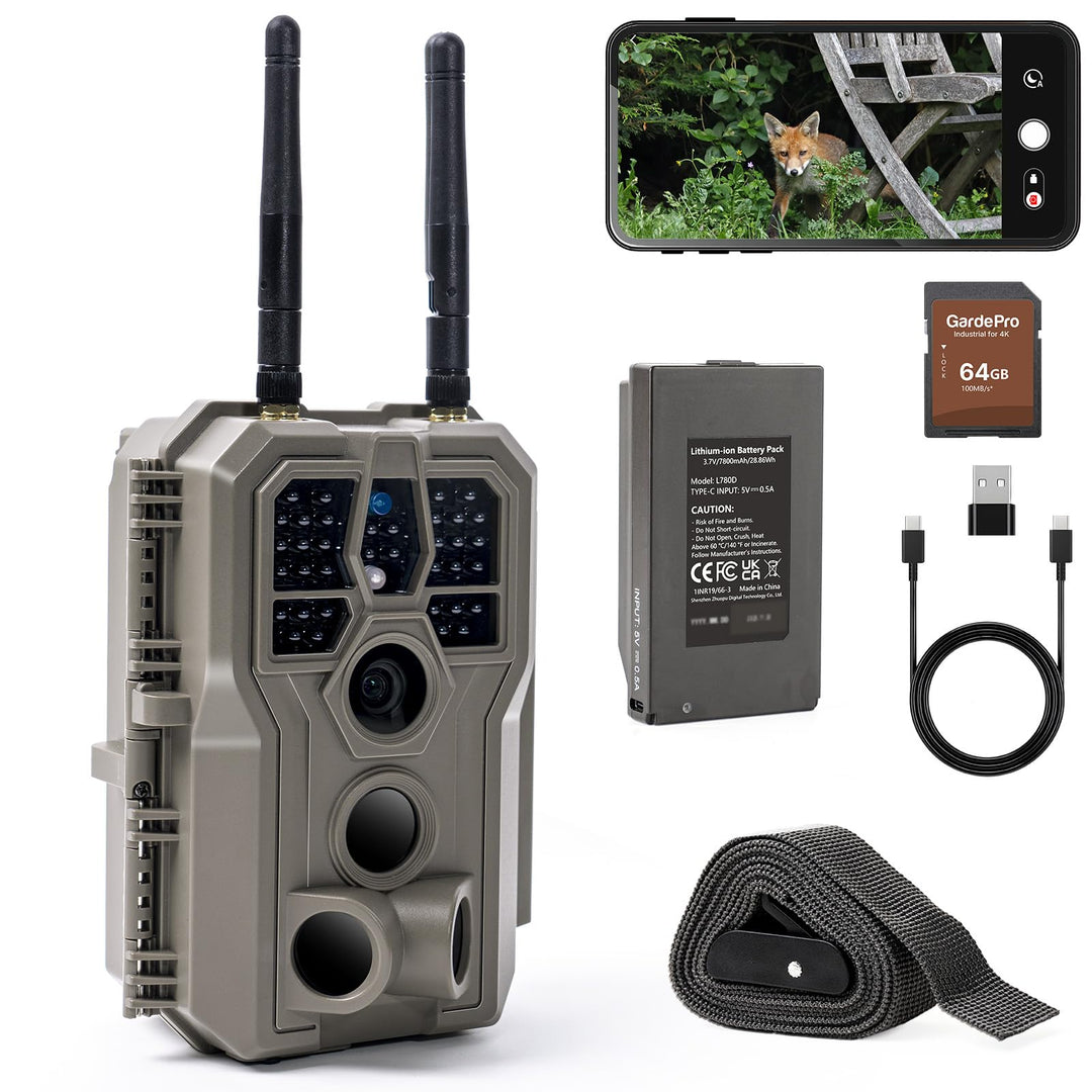 GardePro E8 2.0 Pro Wildkamera Doppelantenne WLAN mit 64GB SD Karte, 64MP H.264 4K Video Wiederaufla