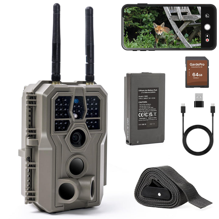 GardePro E8 2.0 Pro Wildkamera Doppelantenne WLAN mit 64GB SD Karte, 64MP H.264 4K Video Wiederaufla