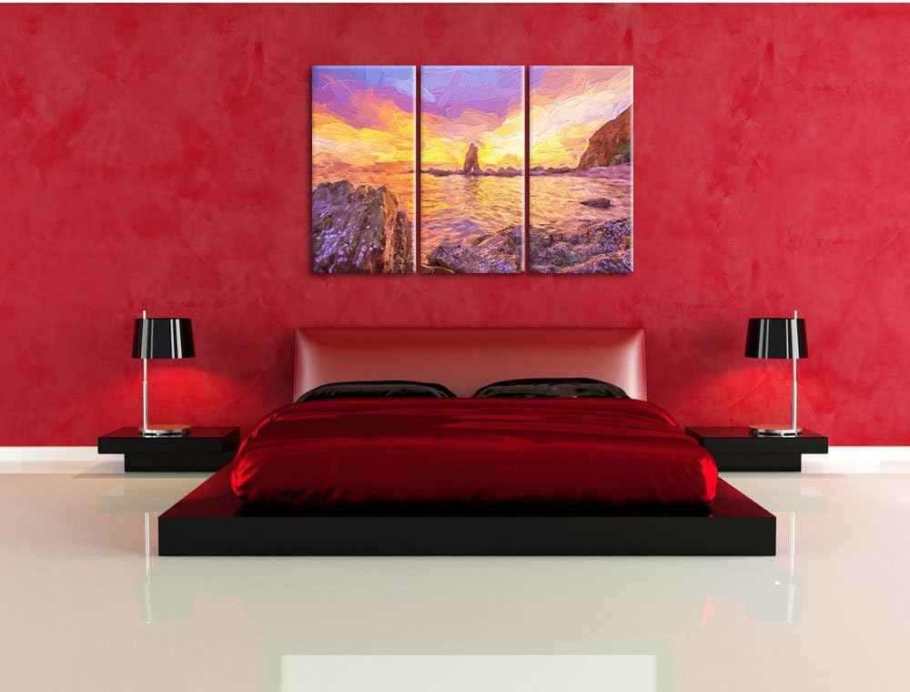 Pixxprint Küstenlinie mit schönen Sonnenuntergang Kunst Pinsel Effekt 3-Teiler Leinwandbild 120x80 B