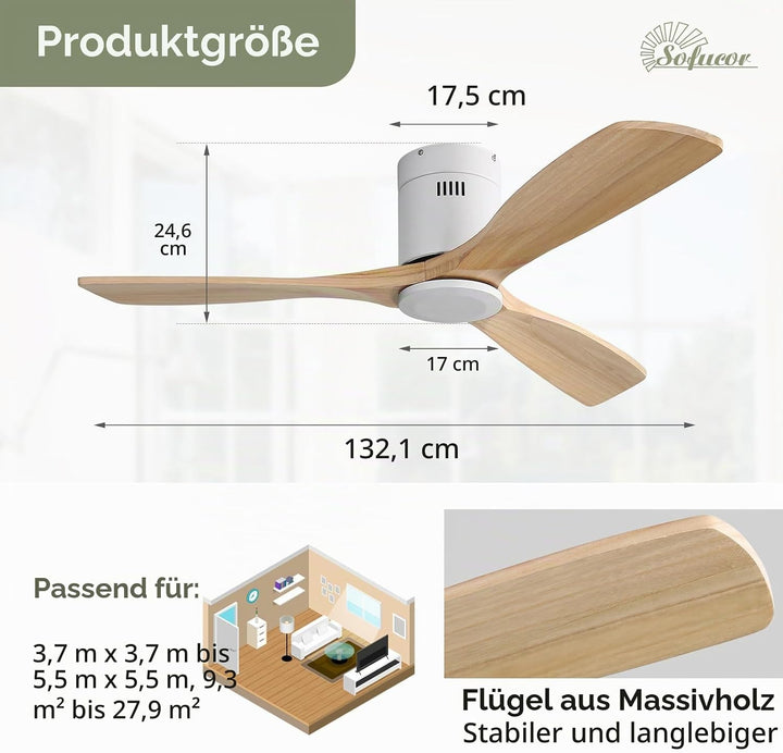 Sofucor Deckenventilator mit Fernbedienung, Deckenventilator aus Massivholz mit 3 Holzlüfterblätter,