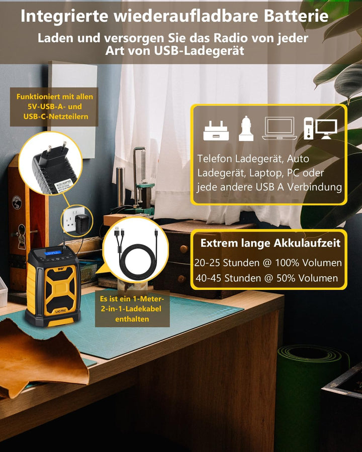 Baustellenradio Mit Akku Aufladbar (6000mAh), Tragbares DAB+/FM Radio, Bluetooth Lautsprecher & Dual