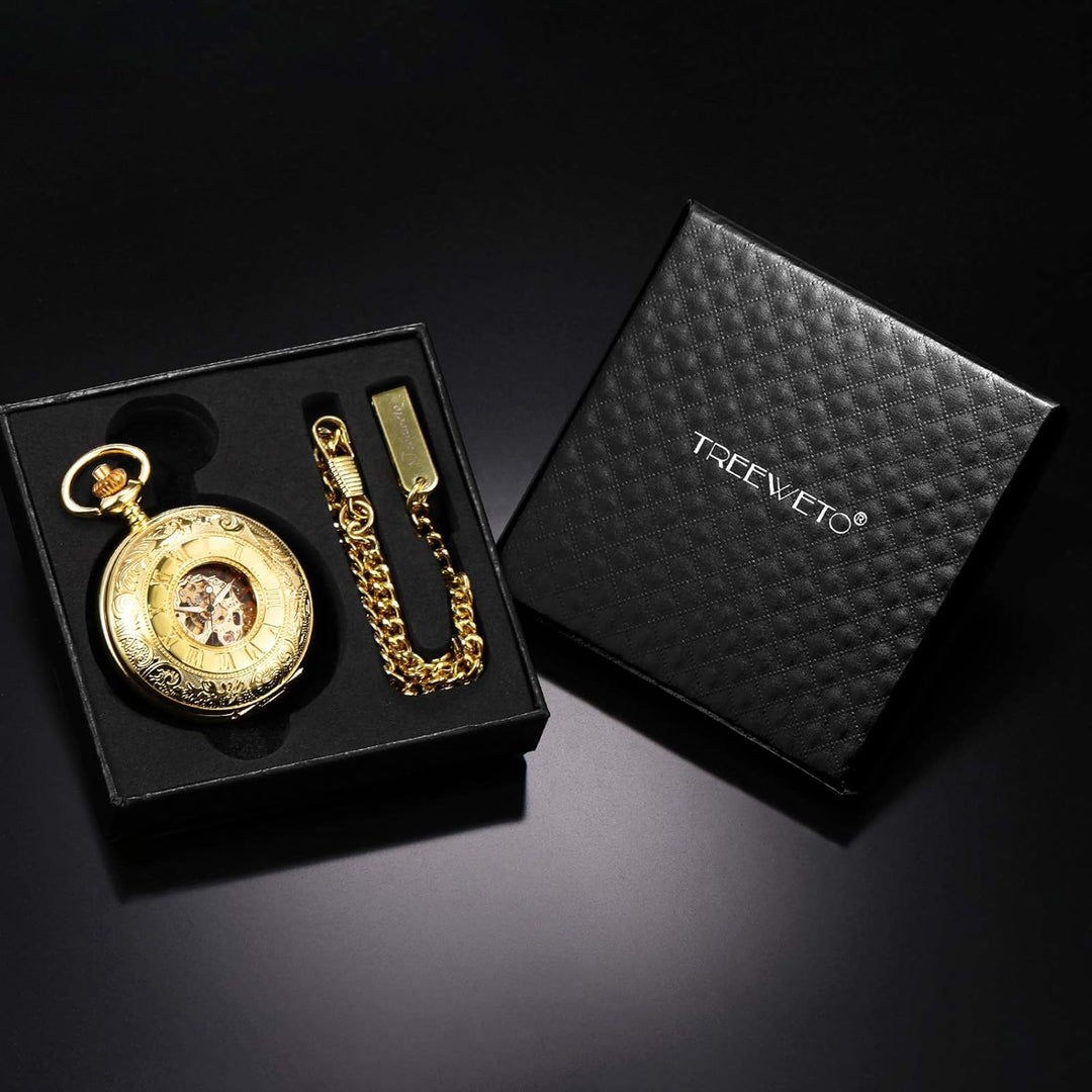 TREEWETO Unisex Taschenuhr mit Kette Mechanische Handaufzug Doppelscharnier Antik Skelett Römische Z