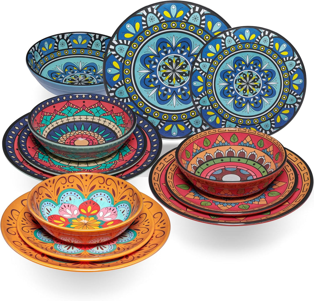 Melamin Geschirr Set Toskana Pastel für 4 Personen - BUNT - Mandala-Optik Spülmaschinengeeignet Essg