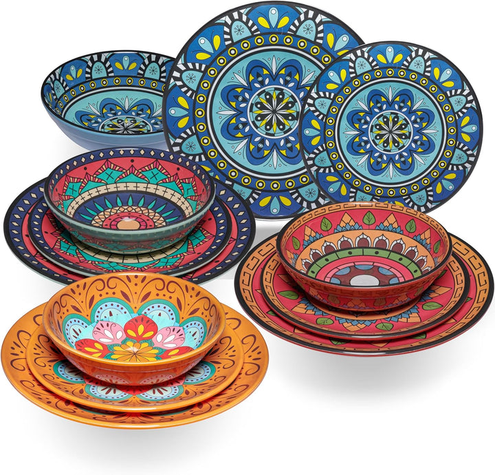 Melamin Geschirr Set Toskana Pastel für 4 Personen - BUNT - Mandala-Optik Spülmaschinengeeignet Essg