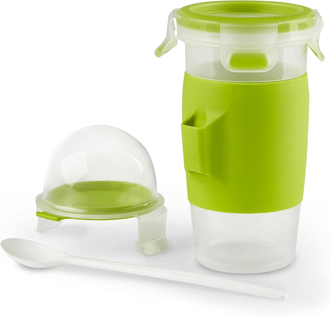 EMSA Clip & Go Yoghurtbecher, 0,45 L, rund, inklusive Löffel und Topping-Fach, 100 Prozent dicht, mi