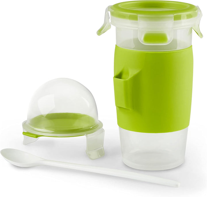 EMSA Clip & Go Yoghurtbecher, 0,45 L, rund, inklusive Löffel und Topping-Fach, 100 Prozent dicht, mi
