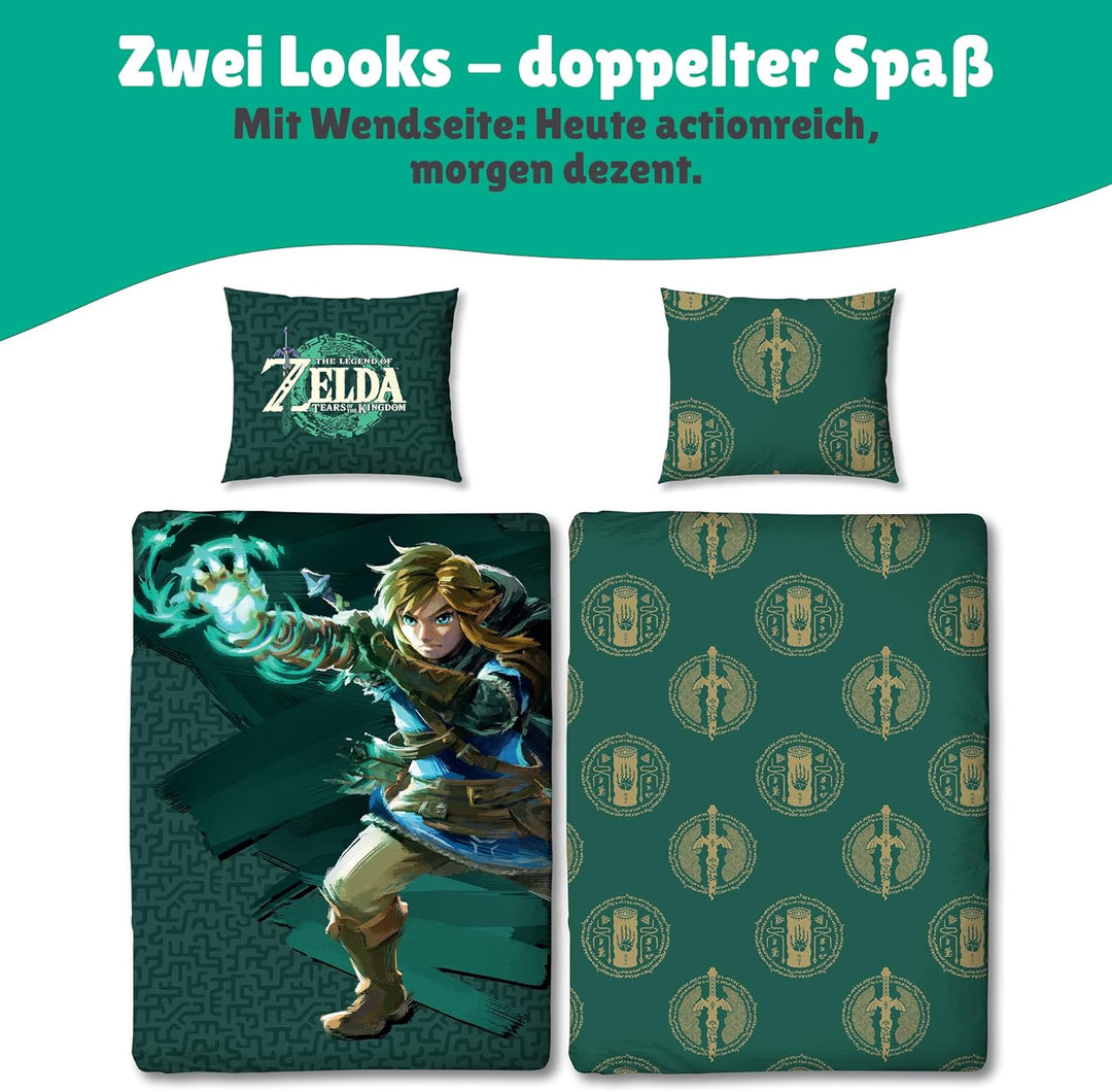 Character World Wende Bettwäsche The Legend of Zelda, 135x200 cm 80x80 cm, 100% Baumwolle Linon, Rei