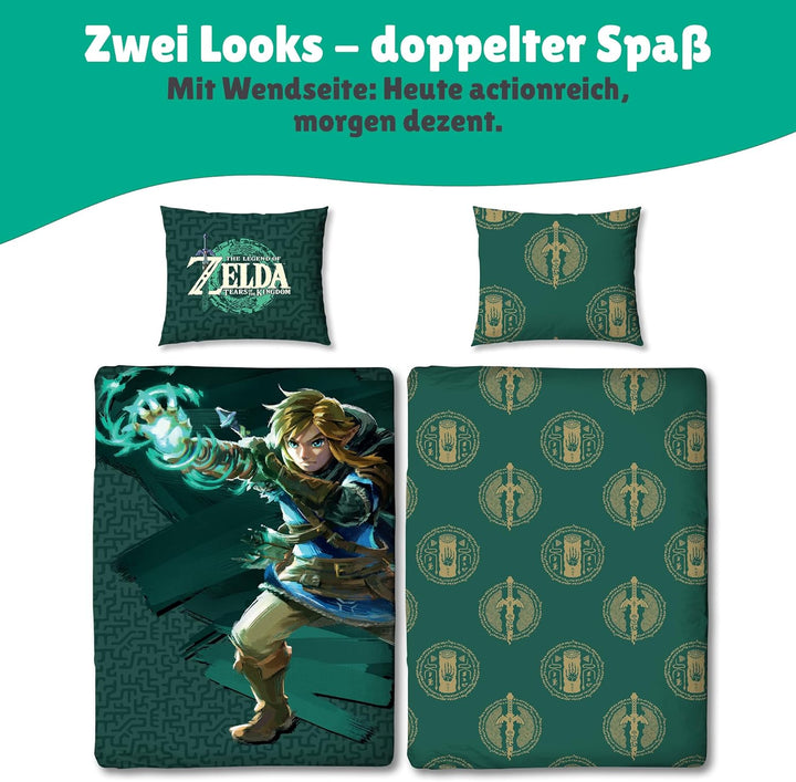 Character World Wende Bettwäsche The Legend of Zelda, 135x200 cm 80x80 cm, 100% Baumwolle Linon, Rei