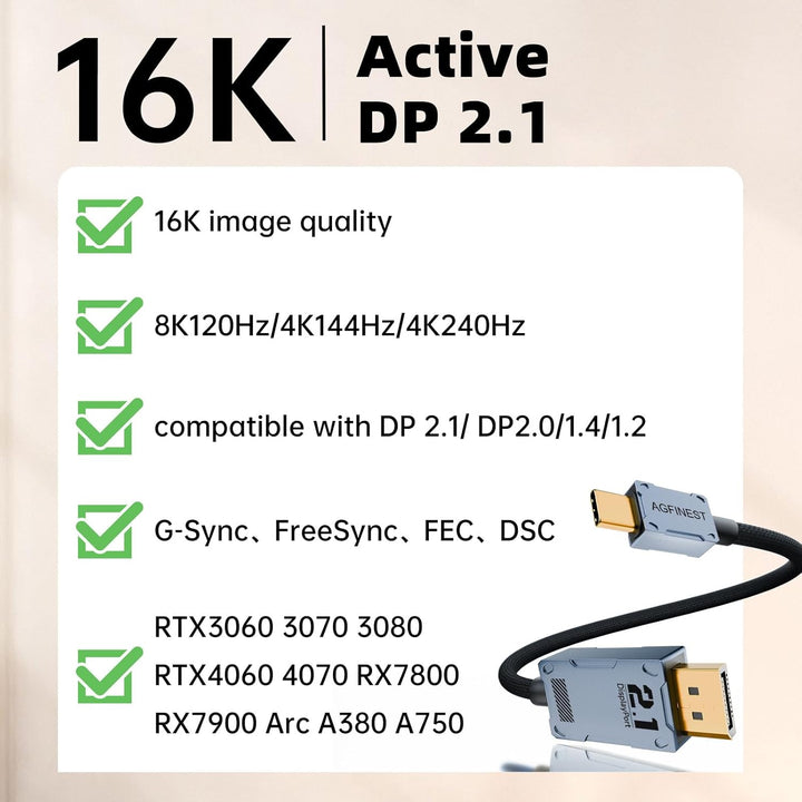 AGFINEST USB C zu DisplayPort 2.1 Kabel,[16K@30Hz 8K@120Hz 4K@240Hz] Display Port zu USB C, 80Gbps b