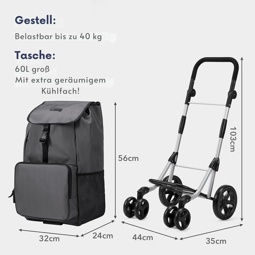 Packaway Einkaufstrolley mit 4 Rädern – Deluxe Einkaufswagen mit Kühlfach &amp; verstellbarem Griff – 60