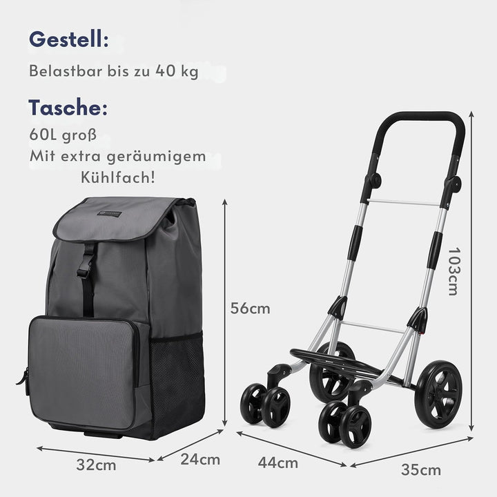 Packaway Einkaufstrolley mit 4 Rädern – Deluxe Einkaufswagen mit Kühlfach &amp; verstellbarem Griff – 60