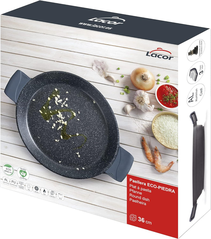Lacor 25436 Paella-Pfanne mit Silikongriffen, Aluguss 36 cm Paella-Pfanne mit Griffen aus Silikon, 3