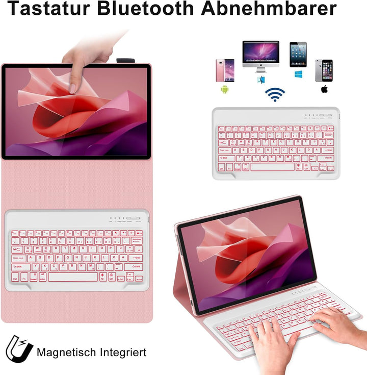 IVEOPPE Hülle mit Tastatur für Lenovo Tab P12 12.7" 2023, 7 Farbige Beleuchtung, Magnetische Bluetoo